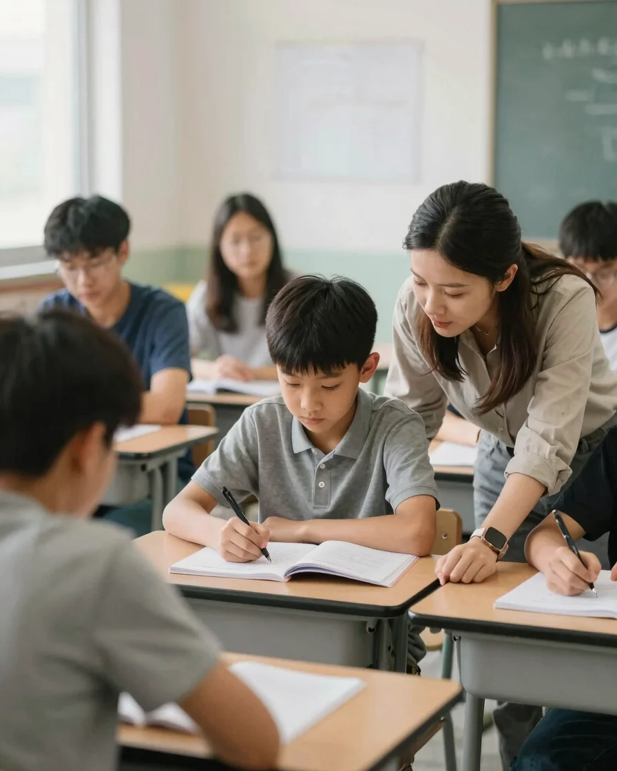 Editorial educational photography, soft classroom daylight, a tea