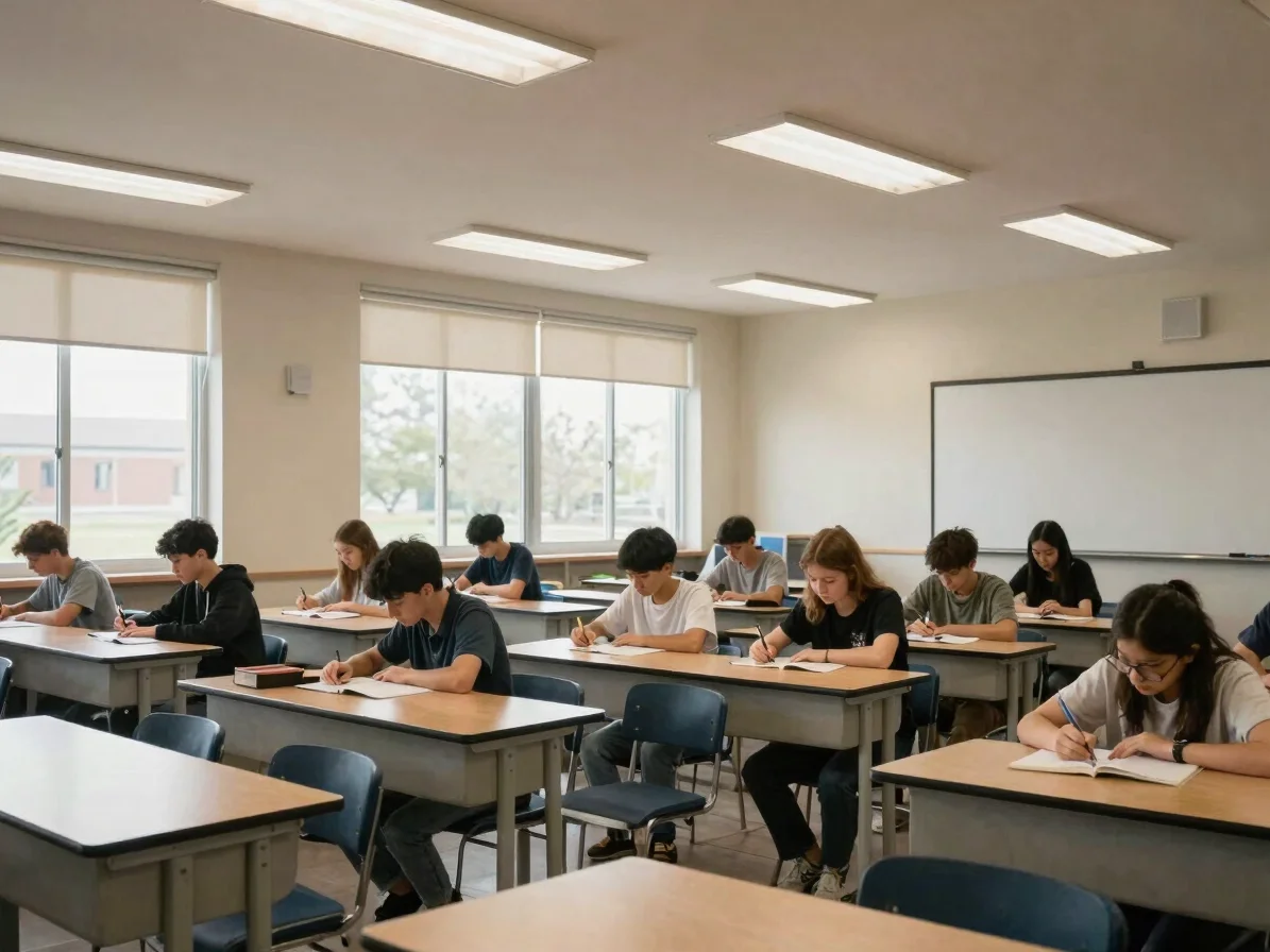 Wide candid view of a calm, air-conditioned classroom with studen