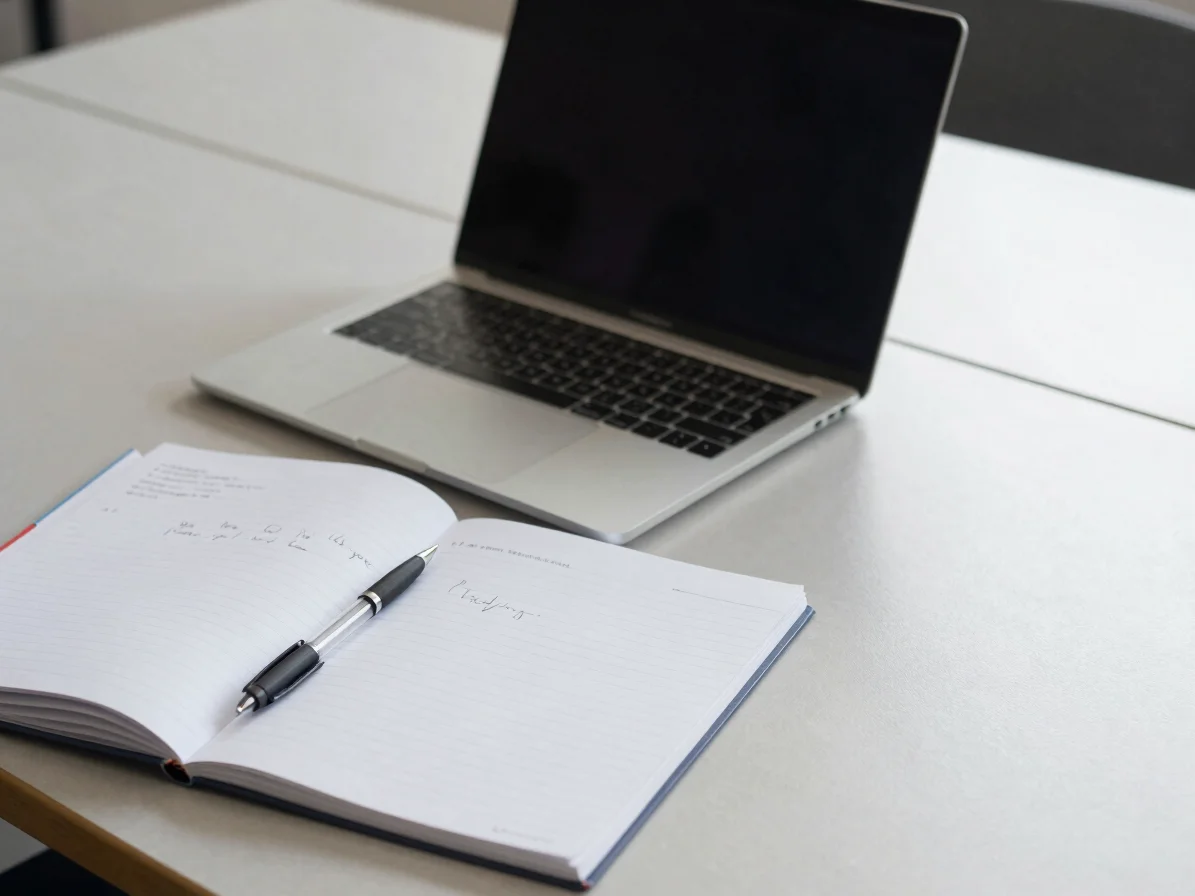 Close detail of a student's laptop beside open commerce notebooks