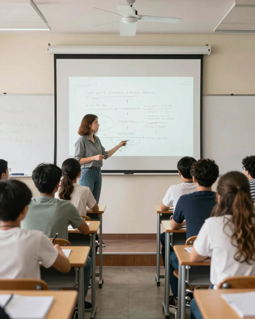 Editorial educational photography of a calm, air-conditioned classroom in soft natural daylight, a teacher explaining a