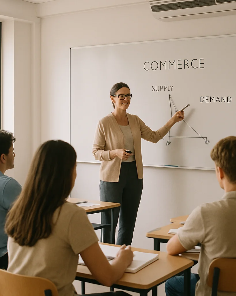 Editorial educational photograph of a teacher explaining a commer